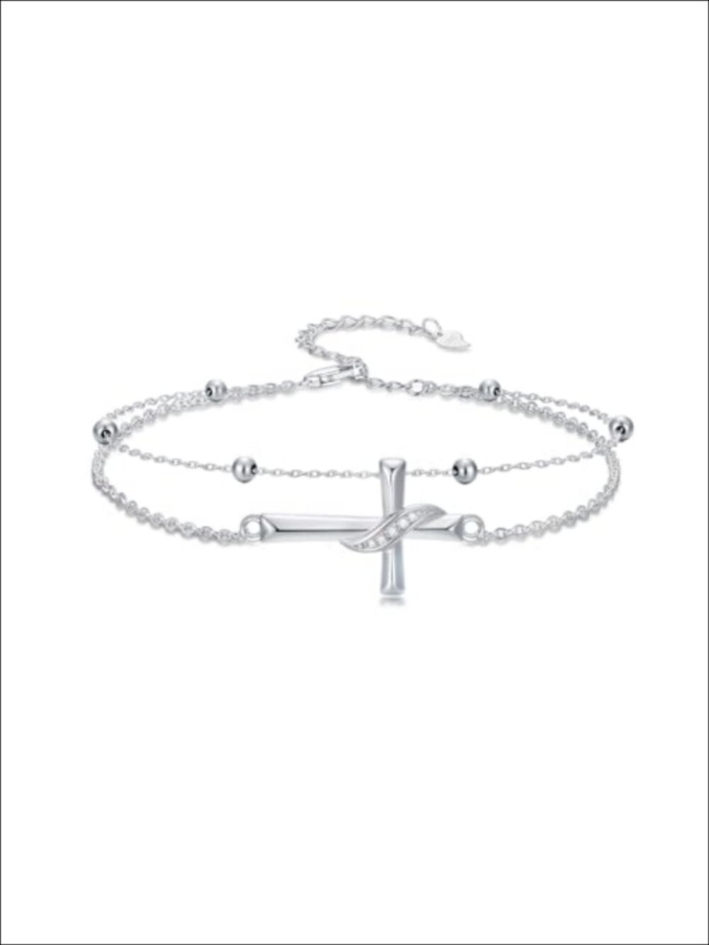 925 Sterling Silver Diamond Cross Layered Bracelet Adjustable 7-9 Inch Women